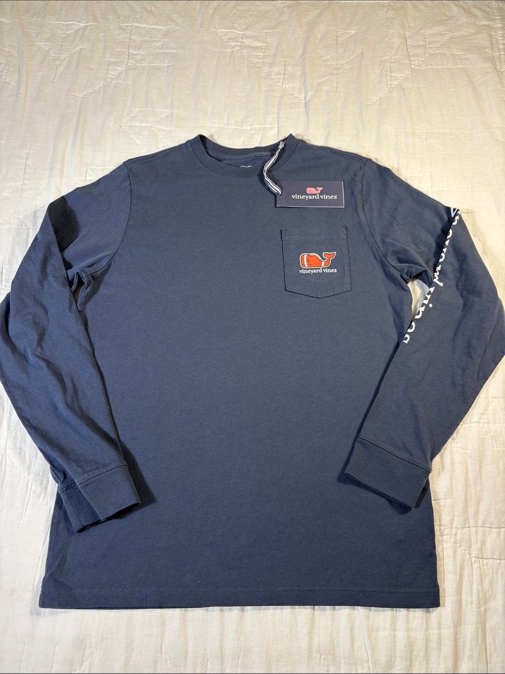 Vineyard Vines Boys Long-Sleeve Football Whale Pocket T-Shirt Navy NWT